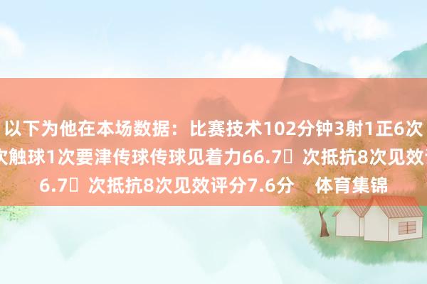 以下为他在本场数据：比赛技术102分钟3射1正6次过东谈主4次见效53次触球1次要津传球传球见着力66.7次抵抗8次见效评分7.6分    体育集锦